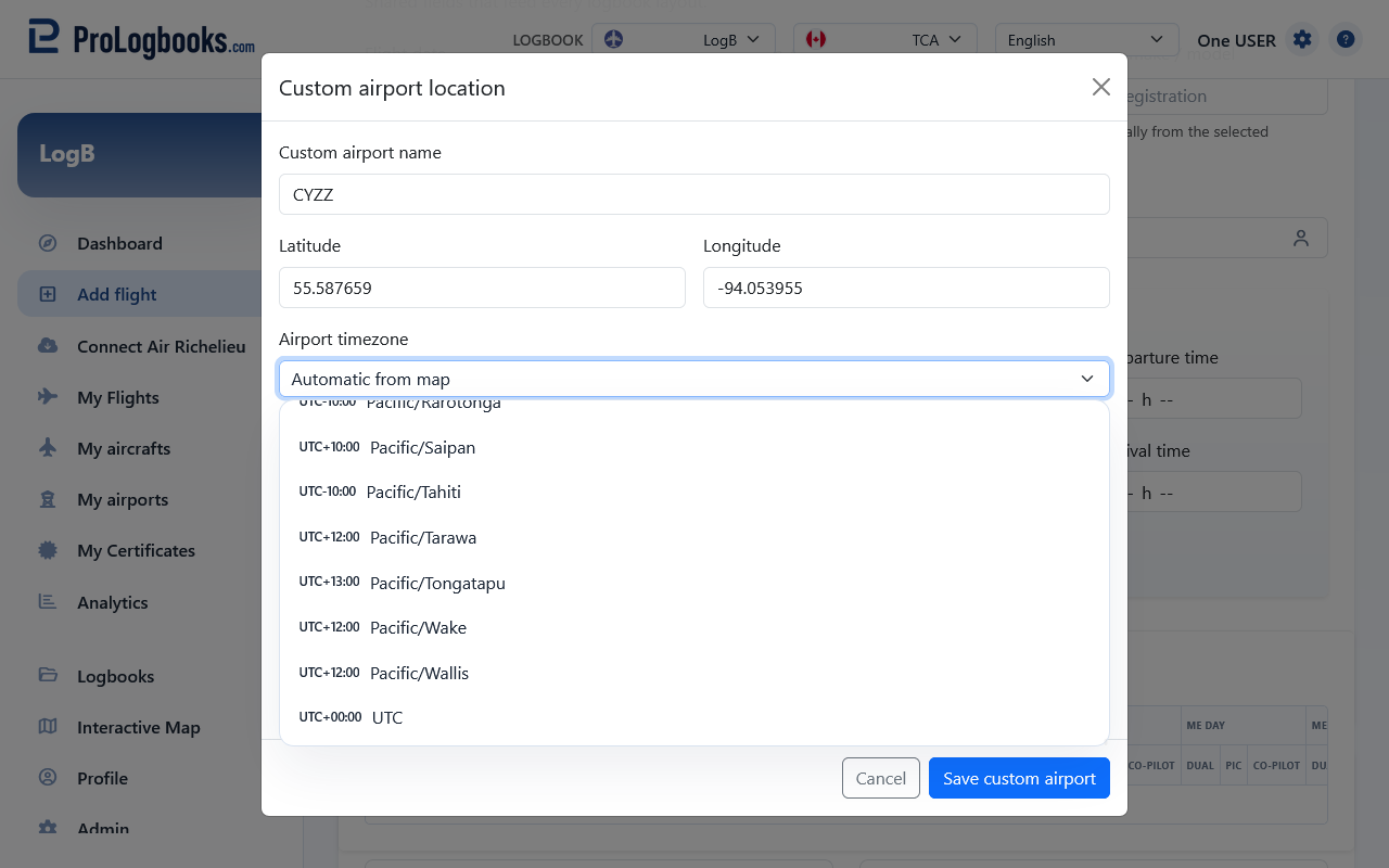 Place the custom airport accurately on the map