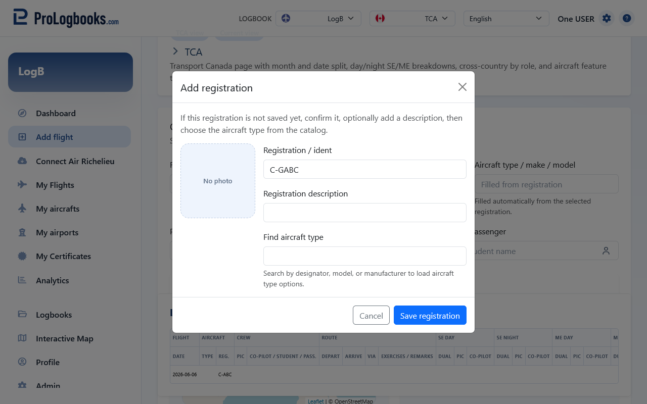 Create a missing aircraft registration before saving the flight