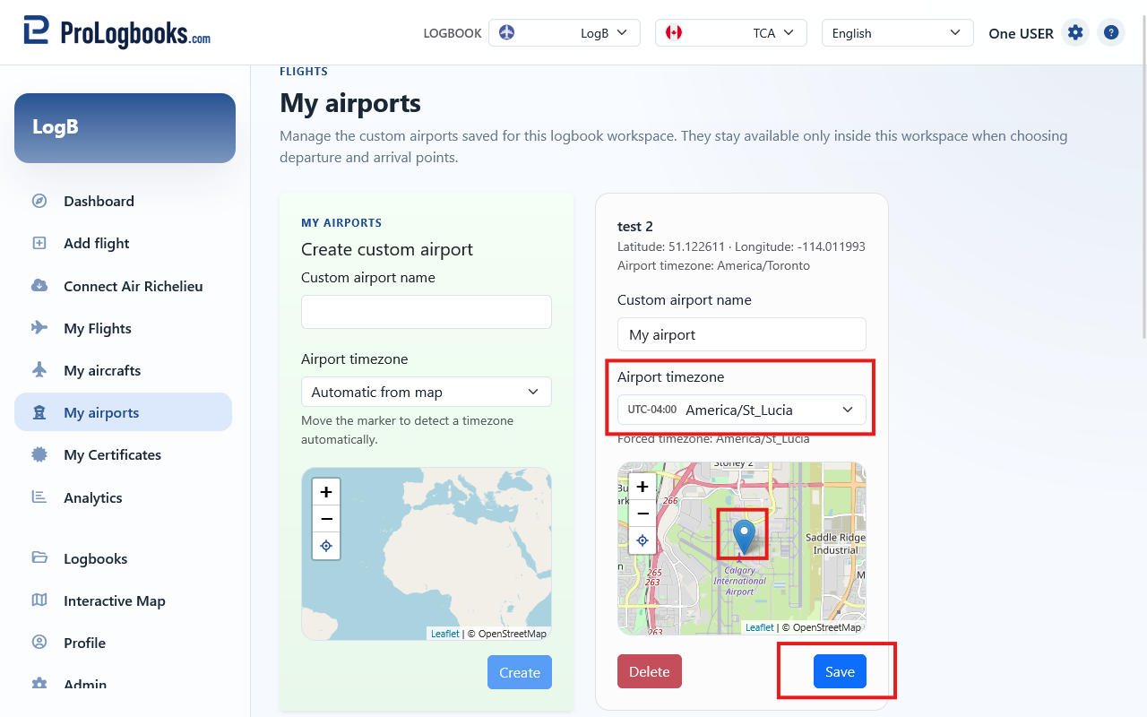 Use the map carefully when updating saved airports