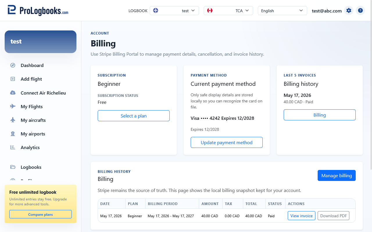 Use the Billing page to review the subscription and invoices