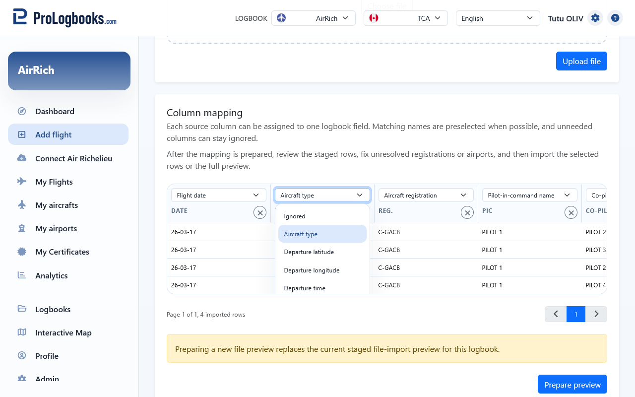 Review the detected columns and map each one