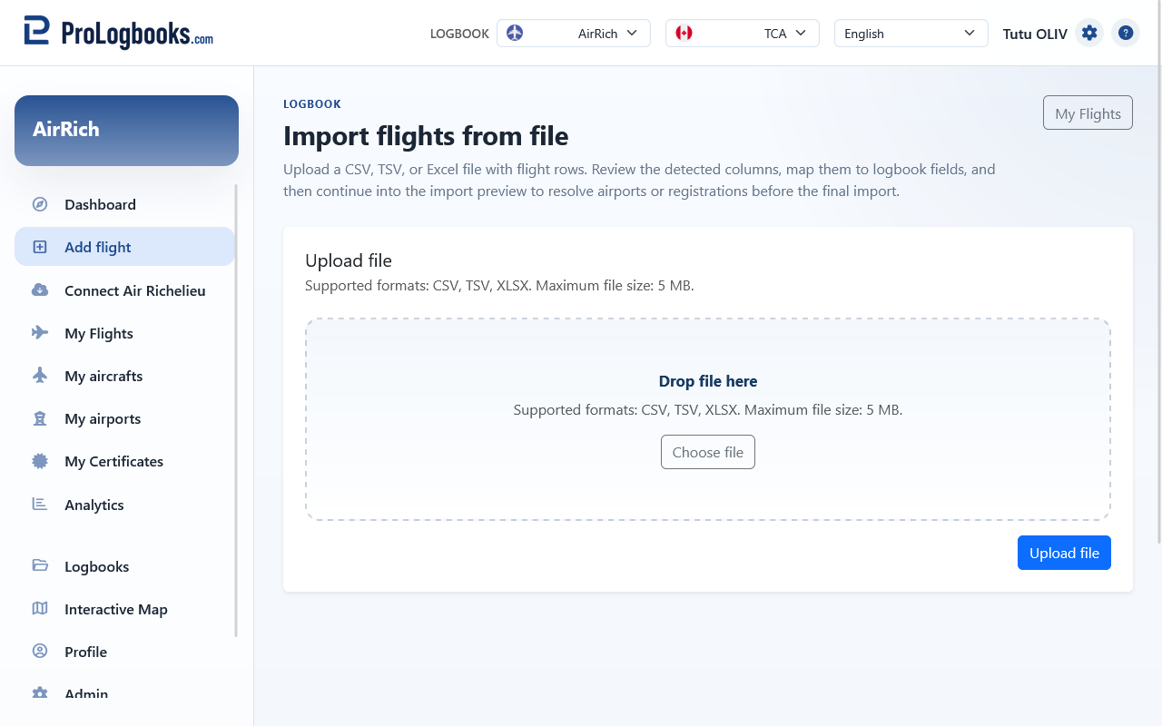 Start from the correct logbook and upload page