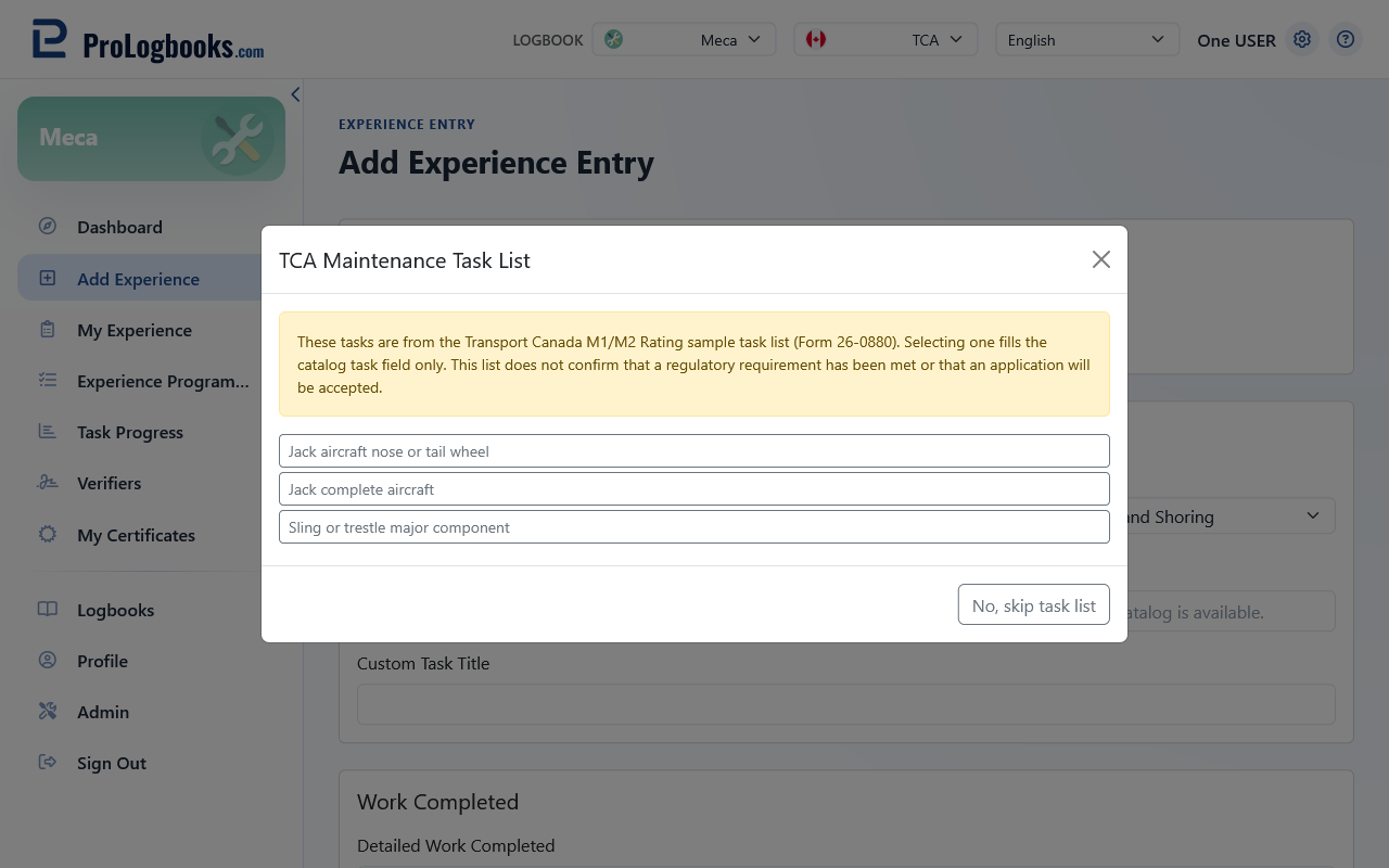Use the TCA M1/M2 task list in the TCA view